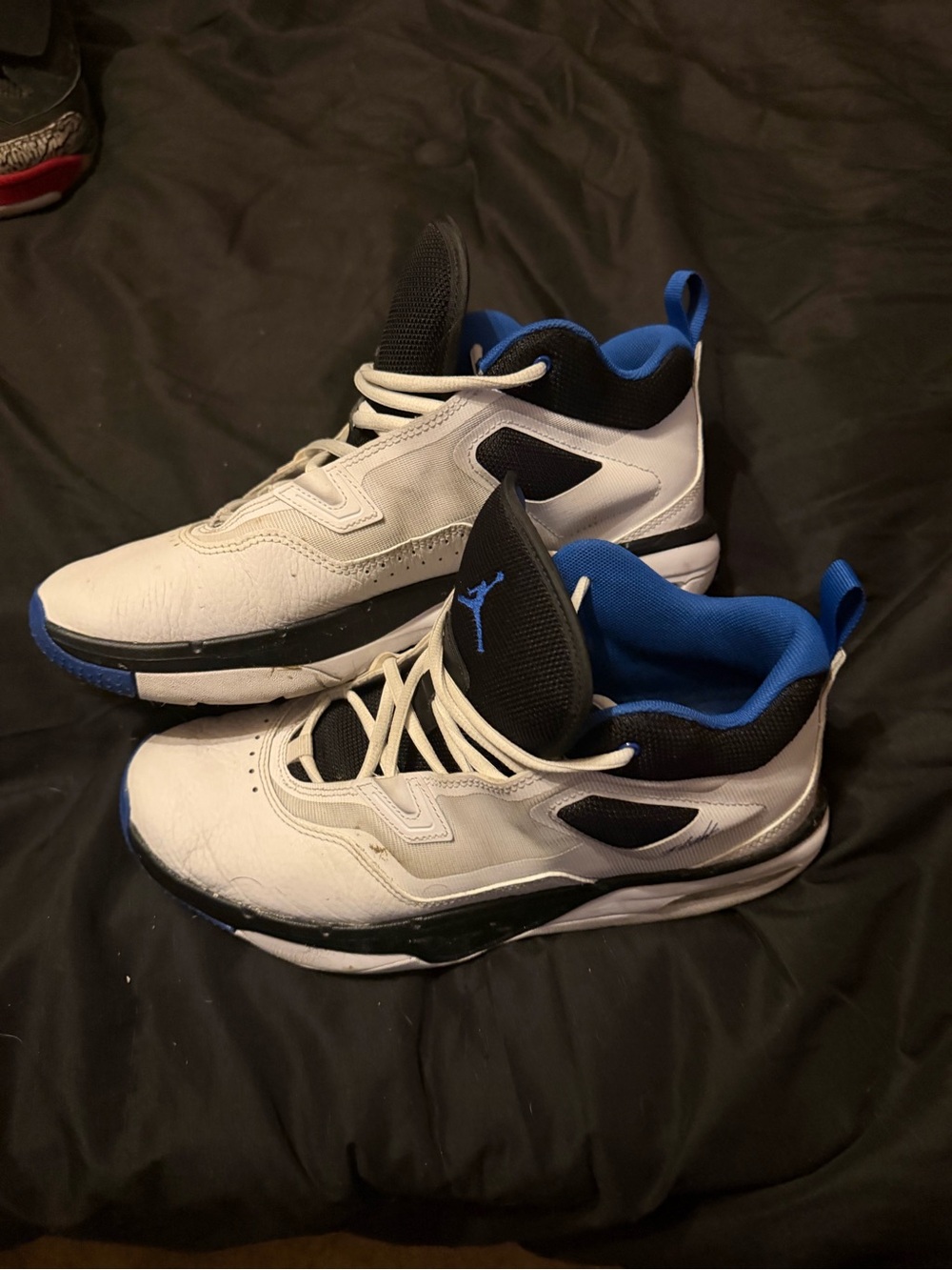 Jordan White and Royal Blue Low-Top Basketball Sneakers